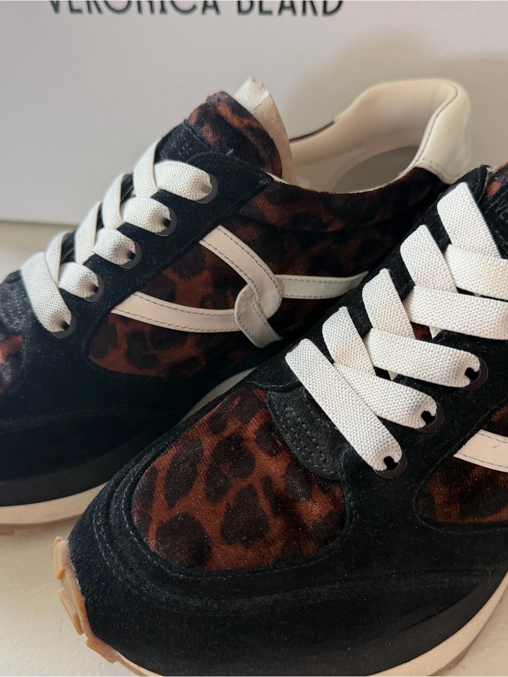 Veronica Beard Valentina Black and Leopard-Print Sneakers Size 8, New